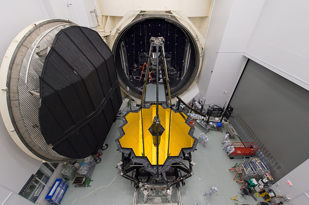 James Webb Telescope entering a large vacuum chamber for testing.